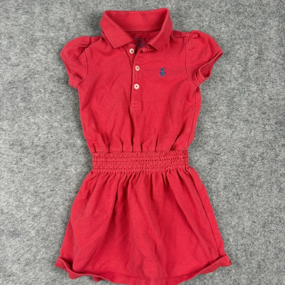 Ralph Lauren Polo Dress Girls 12 Months Red Short Sleeve Smocked Waist Logo